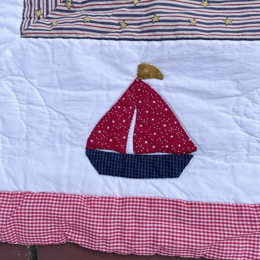 Handmade Sailboat Boys Crib Quilt, Red White Blue, Gorgeous One Of A Kind 38x38